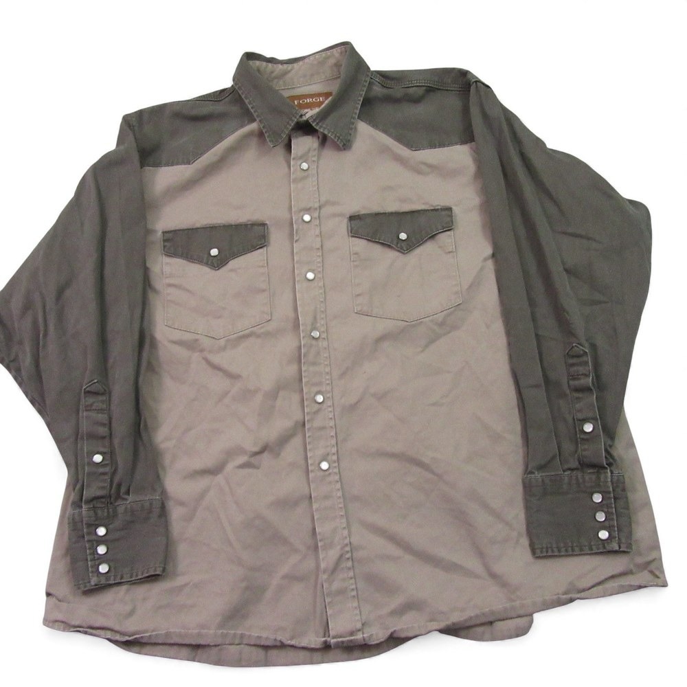 Forge Mens Pearl Snap Button Up Work Shirt XXL Tan Gray Western Color Block